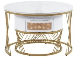 Lot De 2 Tables Gigognes - Texture Marbre - Tiroirs En Rotin - Cadre Doré - Blanc -Vous savez quand c'est un magasin de meubles. table basse 22125957