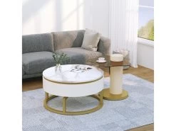 Lot De 2 Tables Gigognes - Aspect Marbre - Rotative à 360° - Blanc Brillant