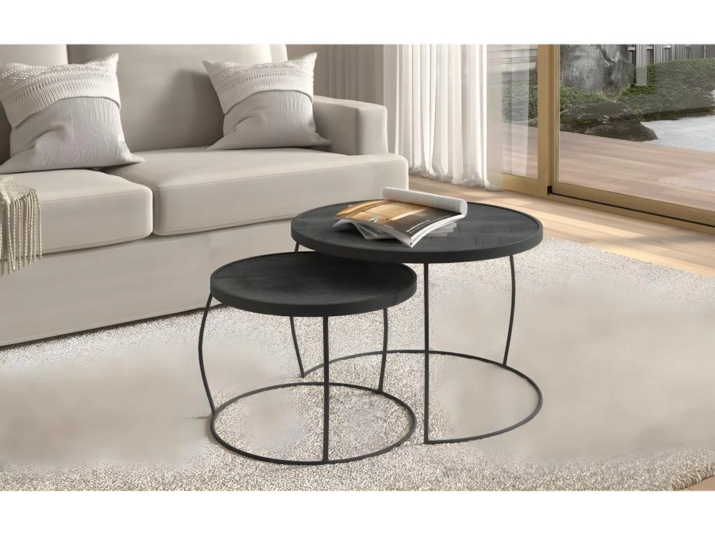 Table Basse Gigogne Ronde En Bois Massif Exotique. Finition Noir. Collection LARSON. 4 Table Basse Gigogne Ronde En Bois Massif Exotique. Finition Noir. Collection LARSON. – Image 2