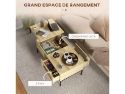 Table Basse Relevable Style Bohème Chic - 2 Tiroirs, Compartiment - Aspect Cannage Rotin PVC Panneaux Aspect Bois Clair -Vous savez quand c'est un magasin de meubles. table basse 22963107