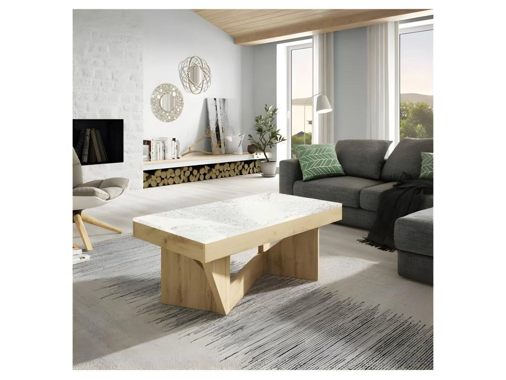 Table Basse Relevable Chêne Blond/Marbre Blanc Et Gris - POPLO 3 Table Basse Relevable Chêne Blond/Marbre Blanc Et Gris - POPLO