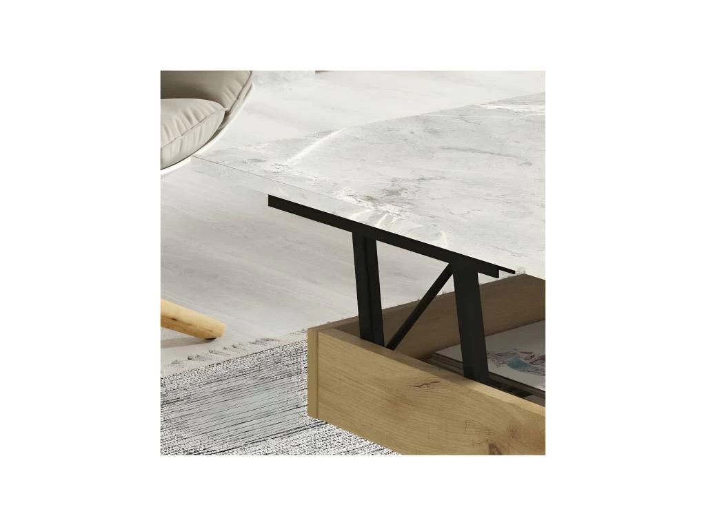 Table Basse Relevable Chêne Blond/Marbre Blanc Et Gris - POPLO 5 Table Basse Relevable Chêne Blond/Marbre Blanc Et Gris - POPLO – Image 3