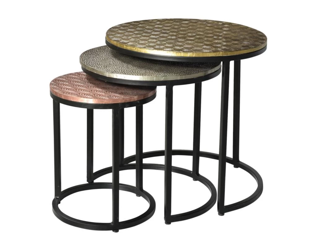 Tables Basses Gigognes BELAMI - Motifs Sculptés - Métal - Coloris : Doré, Argent, Cuivre 3 Tables Basses Gigognes BELAMI - Motifs Sculptés - Métal - Coloris : Doré, Argent, Cuivre