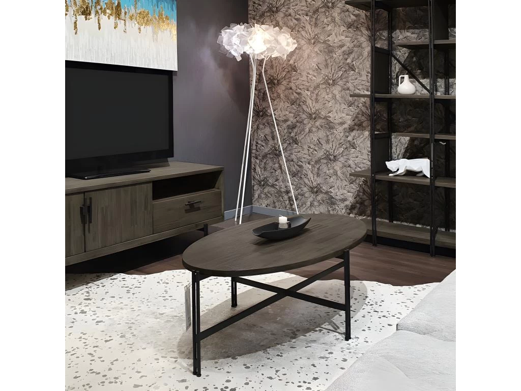 Table Basse Ovale En Bois D'acacia Cendré Avec Piètement Métal - KUBI 4 Table Basse Ovale En Bois D'acacia Cendré Avec Piètement Métal - KUBI – Image 2