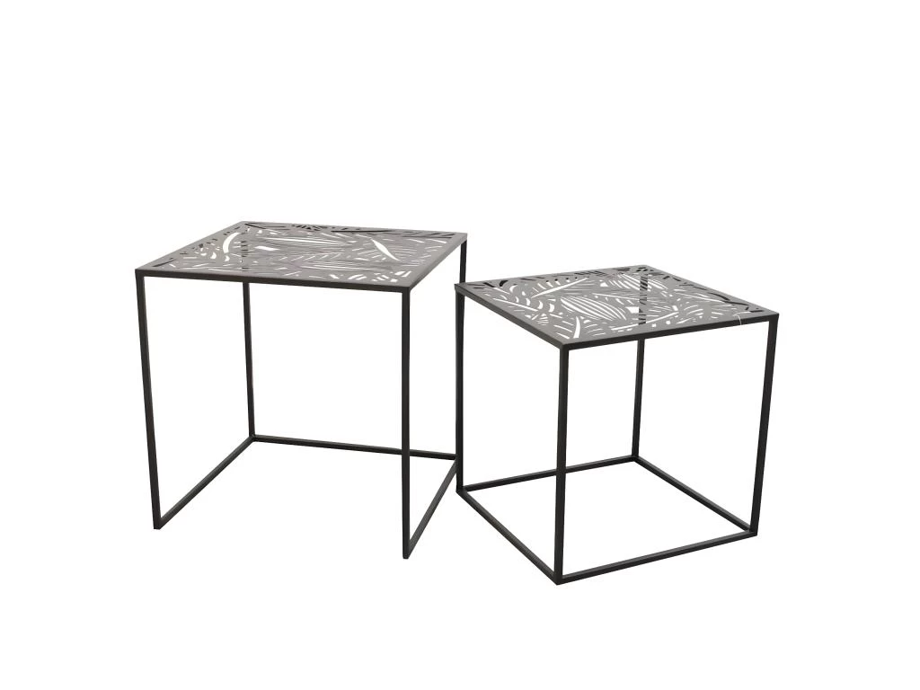 FLORA - Lot De 2 Tables Gigognes Métal Noir Motif Feuille 3 FLORA - Lot De 2 Tables Gigognes Métal Noir Motif Feuille