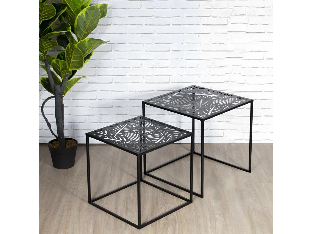 FLORA - Lot De 2 Tables Gigognes Métal Noir Motif Feuille 4 FLORA - Lot De 2 Tables Gigognes Métal Noir Motif Feuille – Image 2