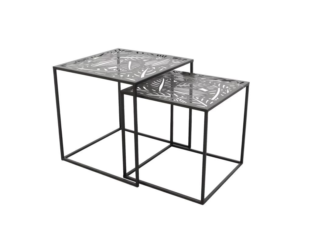 FLORA - Lot De 2 Tables Gigognes Métal Noir Motif Feuille 5 FLORA - Lot De 2 Tables Gigognes Métal Noir Motif Feuille – Image 3