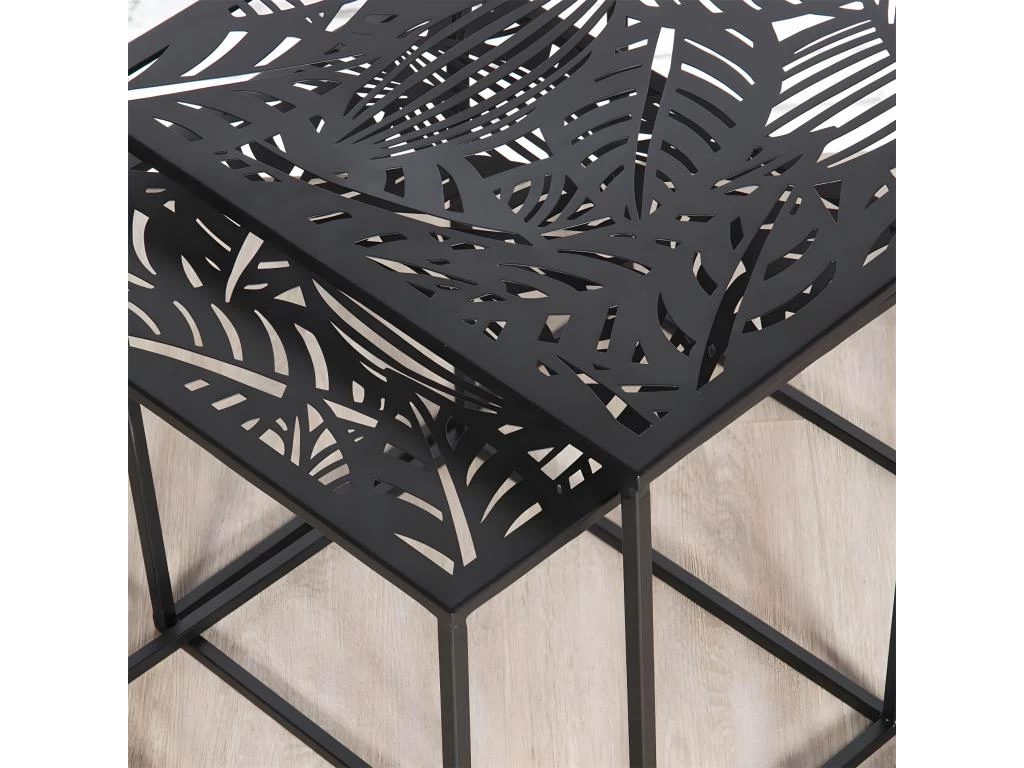 FLORA - Lot De 2 Tables Gigognes Métal Noir Motif Feuille 6 FLORA - Lot De 2 Tables Gigognes Métal Noir Motif Feuille – Image 4