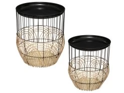 Lot De 2 Tables D'appoint Gigognes En Métal Noir Et Rotin