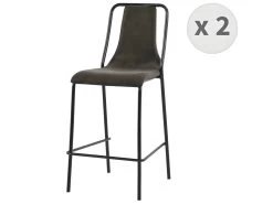 HARLEM - Chaises De Bar Industrielle Microfibre Vintage Marron Foncé Pieds Métal Noir (x2)
