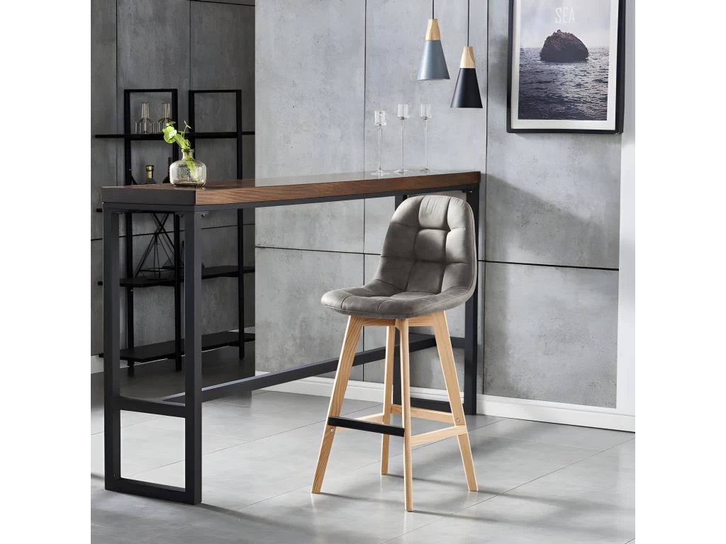 OWEN OAK - Chaise De Bar Vintage Microfibre Marron Clair Pieds Chêne(x4) 4 OWEN OAK - Chaise De Bar Vintage Microfibre Marron Clair Pieds Chêne(x4) – Image 2