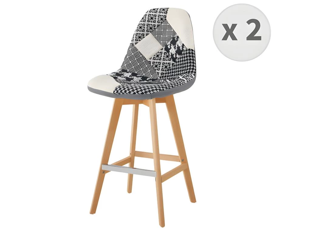 OWEN - Chaise De Bar Tissu Scandinave Patchwork Noir Pieds Hêtre (x2) 3 OWEN - Chaise De Bar Tissu Scandinave Patchwork Noir Pieds Hêtre (x2)