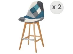OWEN - Chaise De Bar Scandinave Tissu Patchwork Bleu Pieds Hêtre (x2)