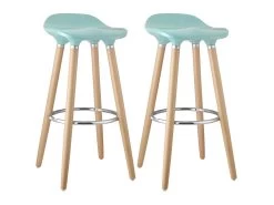 BIBENNE - Lot De 2 Tabourets De Bar Bleu Et Pieds Aspect Bois