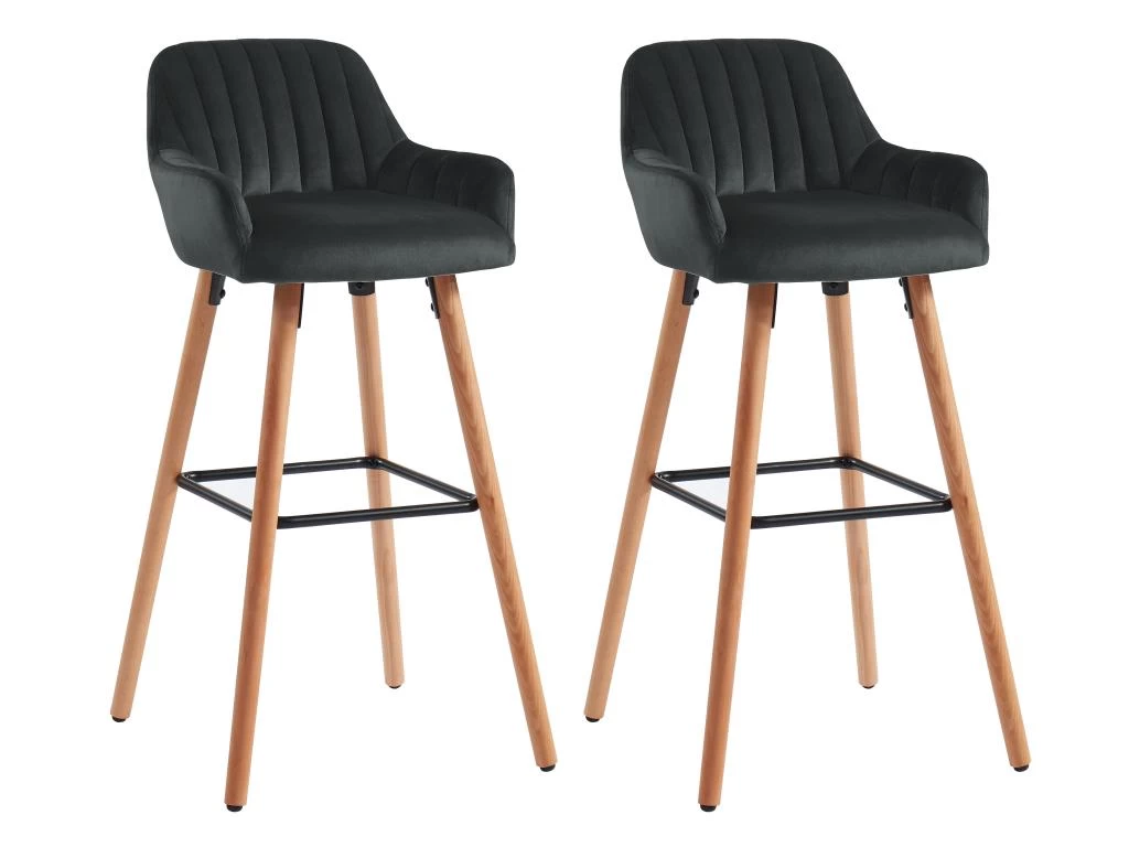 Lot De 2 Tabourets De Bar En Velours Et Pieds Bois De Hêtre - Noir - ELEANA 3 Lot De 2 Tabourets De Bar En Velours Et Pieds Bois De Hêtre - Noir - ELEANA