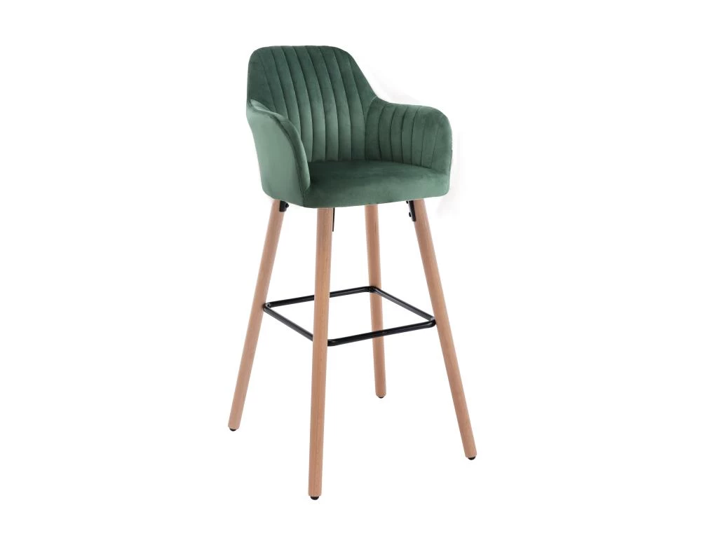 Tabouret De Bar En Velours Et Pieds Bois De Hêtre - Vert Foncé - ELEANA 3 Tabouret De Bar En Velours Et Pieds Bois De Hêtre - Vert Foncé - ELEANA