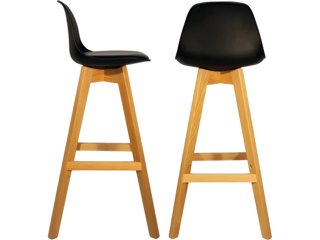 Lot 2 Tabourets De Bar Noirs Piétement Chêne - BERGEN 3 Lot 2 Tabourets De Bar Noirs Piétement Chêne - BERGEN