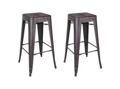 BOBBY - Lot De 2 Tabourets Hauts Métalliques Noir Vieilli H76.5cm