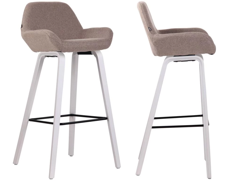 Lot De 2 Tabourets De Bar En Tissu Taupe Pieds En Bois De Chêne Blanc Design Original Robuste Et Confortable 10_0000414 3 Lot De 2 Tabourets De Bar En Tissu Taupe Pieds En Bois De Chêne Blanc Design Original Robuste Et Confortable 10_0000414