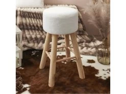 KALAK - Lot De 2 Tabourets Tissu Blanc Bouclettes Pieds Bois -Vous savez quand c'est un magasin de meubles. tabouret haut 12628131