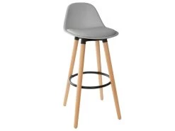 Tabouret De Bar Confortable Assise Grise Et Pieds En Bois H 92 Cm