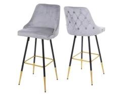 2x Tabourets De Bar Comptoir Chaise Haute Pieds Dorés En Velours Design Rétro Gris Dossier Capitonné 04_0000493