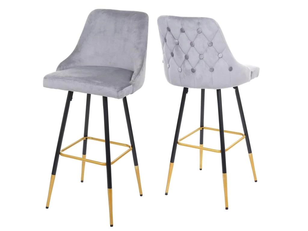 2x Tabourets De Bar Comptoir Chaise Haute Pieds Dorés En Velours Design Rétro Gris Dossier Capitonné 04_0000493 3 2x Tabourets De Bar Comptoir Chaise Haute Pieds Dorés En Velours Design Rétro Gris Dossier Capitonné 04_0000493