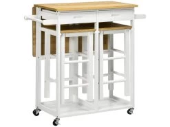 Ensemble Table Bar Et 2 Tabourets REDDICH Blanc Et Bambou Verni