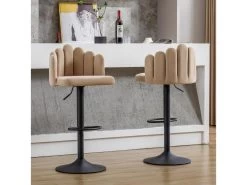 Lot De 2 Tabourets De Bar - Réglable En Hauteur - Dossier En Forme De Pétale - Velours - Beige