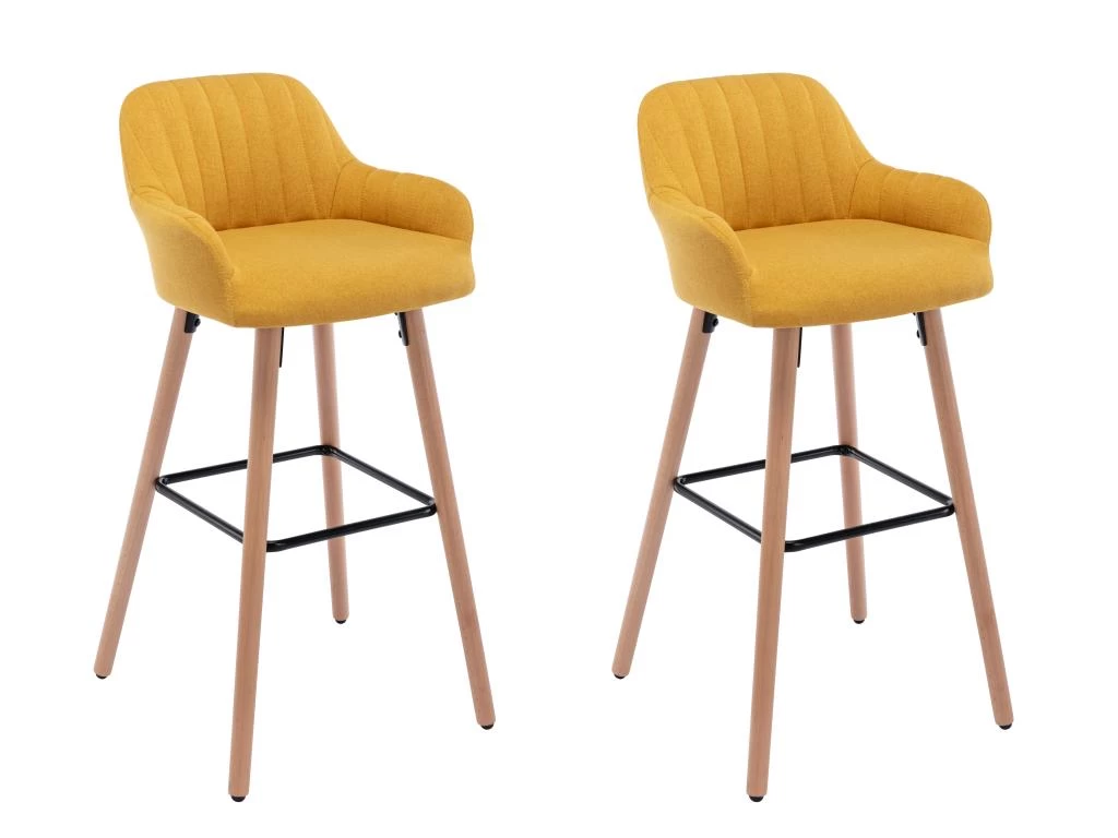Lot De 2 Tabourets De Bar En Tissu Et Pieds Bois De Hêtre - Jaune - ELEANA 3 Lot De 2 Tabourets De Bar En Tissu Et Pieds Bois De Hêtre - Jaune - ELEANA
